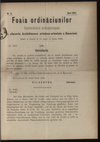 Verordnungsblatt des erzbischöfl. Konsistoriums die Angelegenheiten der orthod. -oriental. Erzdiözese der Bukowina betreffend 18940621 Seite: 1