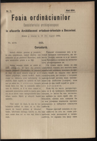 Verordnungsblatt des erzbischöfl. Konsistoriums die Angelegenheiten der orthod. -oriental. Erzdiözese der Bukowina betreffend 18940819 Seite: 1