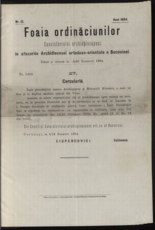 Verordnungsblatt des erzbischöfl. Konsistoriums die Angelegenheiten der orthod. -oriental. Erzdiözese der Bukowina betreffend 18941108 Seite: 1