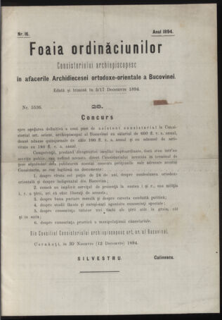 Verordnungsblatt des erzbischöfl. Konsistoriums die Angelegenheiten der orthod. -oriental. Erzdiözese der Bukowina betreffend 18941205 Seite: 1