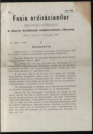 Verordnungsblatt des erzbischöfl. Konsistoriums die Angelegenheiten der orthod. -oriental. Erzdiözese der Bukowina betreffend 18950107 Seite: 1