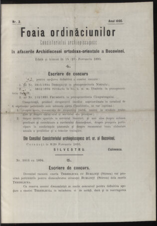 Verordnungsblatt des erzbischöfl. Konsistoriums die Angelegenheiten der orthod. -oriental. Erzdiözese der Bukowina betreffend 18950215 Seite: 1