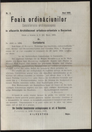 Verordnungsblatt des erzbischöfl. Konsistoriums die Angelegenheiten der orthod. -oriental. Erzdiözese der Bukowina betreffend 18950308 Seite: 1