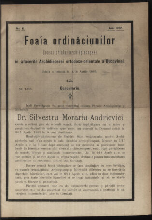 Verordnungsblatt des erzbischöfl. Konsistoriums die Angelegenheiten der orthod. -oriental. Erzdiözese der Bukowina betreffend 18950404 Seite: 1