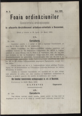 Verordnungsblatt des erzbischöfl. Konsistoriums die Angelegenheiten der orthod. -oriental. Erzdiözese der Bukowina betreffend 18950428 Seite: 1