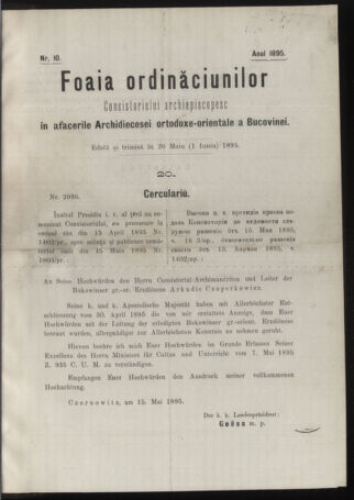 Verordnungsblatt des erzbischöfl. Konsistoriums die Angelegenheiten der orthod. -oriental. Erzdiözese der Bukowina betreffend 18950520 Seite: 1