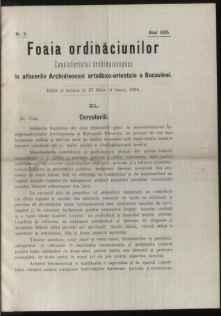 Verordnungsblatt des erzbischöfl. Konsistoriums die Angelegenheiten der orthod. -oriental. Erzdiözese der Bukowina betreffend 18950527 Seite: 1