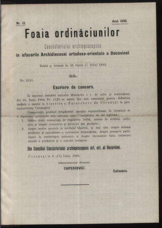 Verordnungsblatt des erzbischöfl. Konsistoriums die Angelegenheiten der orthod. -oriental. Erzdiözese der Bukowina betreffend 18950625 Seite: 1