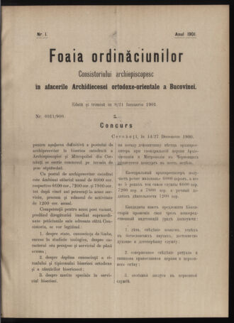 Verordnungsblatt des erzbischöfl. Konsistoriums die Angelegenheiten der orthod. -oriental. Erzdiözese der Bukowina betreffend 19010108 Seite: 1