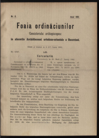 Verordnungsblatt des erzbischöfl. Konsistoriums die Angelegenheiten der orthod. -oriental. Erzdiözese der Bukowina betreffend 19010604 Seite: 1