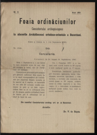 Verordnungsblatt des erzbischöfl. Konsistoriums die Angelegenheiten der orthod. -oriental. Erzdiözese der Bukowina betreffend 19010901 Seite: 1