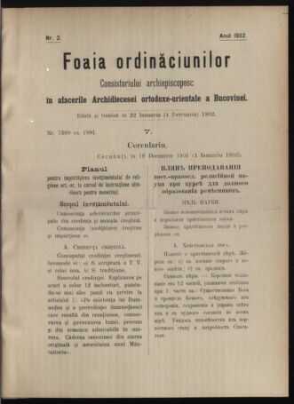 Verordnungsblatt des erzbischöfl. Konsistoriums die Angelegenheiten der orthod. -oriental. Erzdiözese der Bukowina betreffend 19020122 Seite: 1