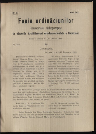 Verordnungsblatt des erzbischöfl. Konsistoriums die Angelegenheiten der orthod. -oriental. Erzdiözese der Bukowina betreffend 19020301 Seite: 1