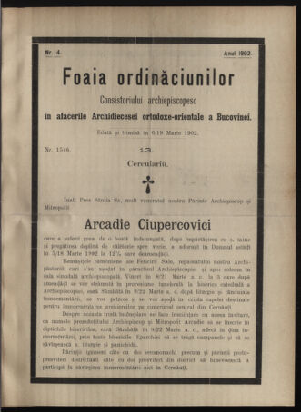 Verordnungsblatt des erzbischöfl. Konsistoriums die Angelegenheiten der orthod. -oriental. Erzdiözese der Bukowina betreffend 19020306 Seite: 1