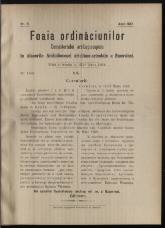 Verordnungsblatt des erzbischöfl. Konsistoriums die Angelegenheiten der orthod. -oriental. Erzdiözese der Bukowina betreffend 19020313 Seite: 1