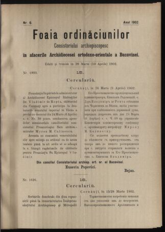 Verordnungsblatt des erzbischöfl. Konsistoriums die Angelegenheiten der orthod. -oriental. Erzdiözese der Bukowina betreffend 19020328 Seite: 1