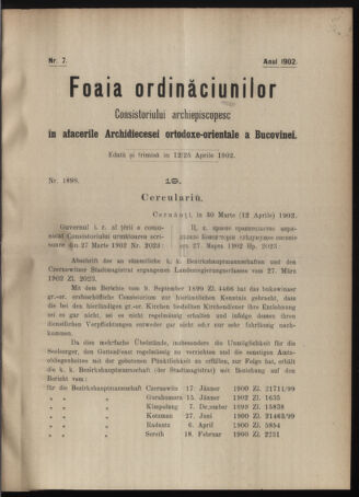 Verordnungsblatt des erzbischöfl. Konsistoriums die Angelegenheiten der orthod. -oriental. Erzdiözese der Bukowina betreffend 19020412 Seite: 1