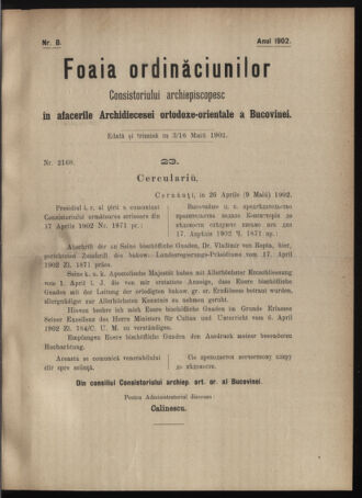 Verordnungsblatt des erzbischöfl. Konsistoriums die Angelegenheiten der orthod. -oriental. Erzdiözese der Bukowina betreffend 19020503 Seite: 1