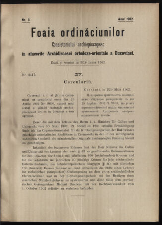 Verordnungsblatt des erzbischöfl. Konsistoriums die Angelegenheiten der orthod. -oriental. Erzdiözese der Bukowina betreffend 19020603 Seite: 1