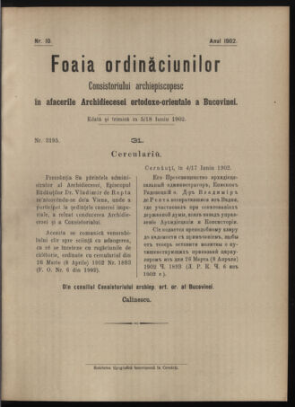 Verordnungsblatt des erzbischöfl. Konsistoriums die Angelegenheiten der orthod. -oriental. Erzdiözese der Bukowina betreffend 19020605 Seite: 1