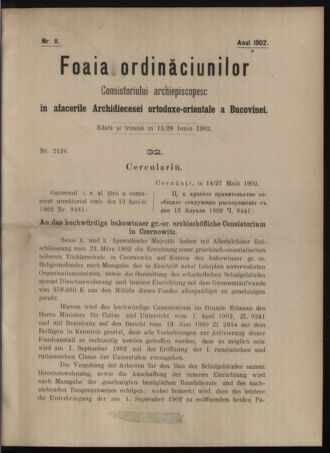 Verordnungsblatt des erzbischöfl. Konsistoriums die Angelegenheiten der orthod. -oriental. Erzdiözese der Bukowina betreffend 19020615 Seite: 1