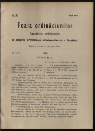 Verordnungsblatt des erzbischöfl. Konsistoriums die Angelegenheiten der orthod. -oriental. Erzdiözese der Bukowina betreffend 19020702 Seite: 1