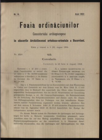 Verordnungsblatt des erzbischöfl. Konsistoriums die Angelegenheiten der orthod. -oriental. Erzdiözese der Bukowina betreffend 19020809 Seite: 1