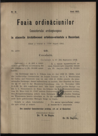 Verordnungsblatt des erzbischöfl. Konsistoriums die Angelegenheiten der orthod. -oriental. Erzdiözese der Bukowina betreffend 19020817 Seite: 1