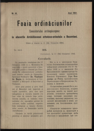 Verordnungsblatt des erzbischöfl. Konsistoriums die Angelegenheiten der orthod. -oriental. Erzdiözese der Bukowina betreffend 19021011 Seite: 1