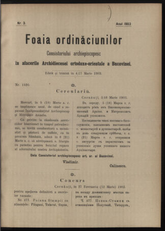 Verordnungsblatt des erzbischöfl. Konsistoriums die Angelegenheiten der orthod. -oriental. Erzdiözese der Bukowina betreffend 19030304 Seite: 1