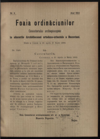 Verordnungsblatt des erzbischöfl. Konsistoriums die Angelegenheiten der orthod. -oriental. Erzdiözese der Bukowina betreffend 19030426 Seite: 1