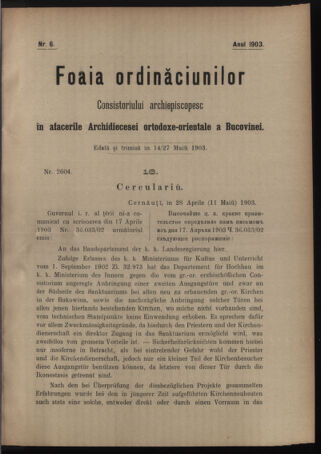 Verordnungsblatt des erzbischöfl. Konsistoriums die Angelegenheiten der orthod. -oriental. Erzdiözese der Bukowina betreffend 19030514 Seite: 1