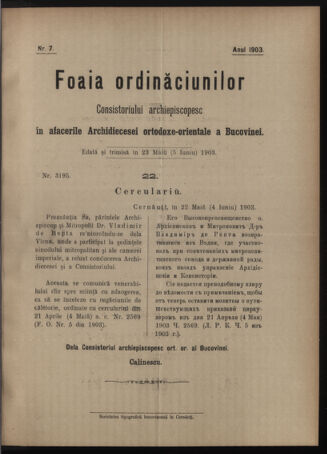 Verordnungsblatt des erzbischöfl. Konsistoriums die Angelegenheiten der orthod. -oriental. Erzdiözese der Bukowina betreffend 19030523 Seite: 1