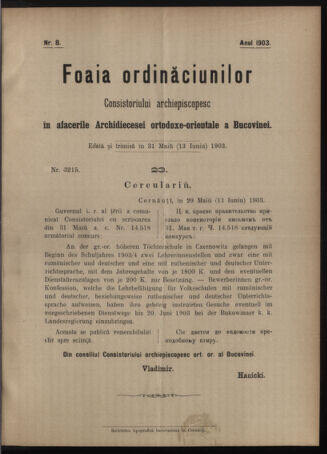 Verordnungsblatt des erzbischöfl. Konsistoriums die Angelegenheiten der orthod. -oriental. Erzdiözese der Bukowina betreffend 19030531 Seite: 1