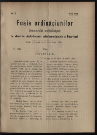 Verordnungsblatt des erzbischöfl. Konsistoriums die Angelegenheiten der orthod. -oriental. Erzdiözese der Bukowina betreffend 19030611 Seite: 1