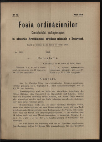 Verordnungsblatt des erzbischöfl. Konsistoriums die Angelegenheiten der orthod. -oriental. Erzdiözese der Bukowina betreffend 19030625 Seite: 1