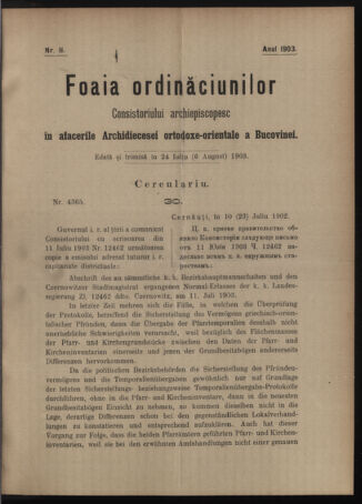 Verordnungsblatt des erzbischöfl. Konsistoriums die Angelegenheiten der orthod. -oriental. Erzdiözese der Bukowina betreffend 19030724 Seite: 1