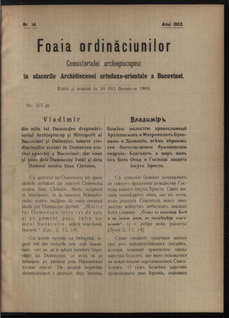 Verordnungsblatt des erzbischöfl. Konsistoriums die Angelegenheiten der orthod. -oriental. Erzdiözese der Bukowina betreffend 19031218 Seite: 1