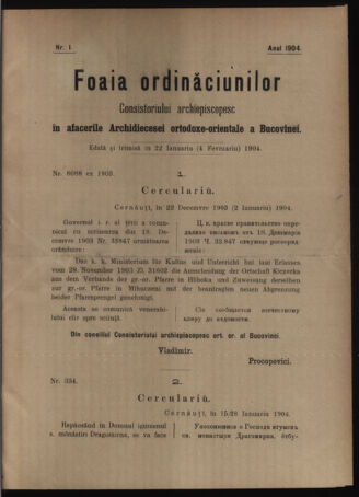 Verordnungsblatt des erzbischöfl. Konsistoriums die Angelegenheiten der orthod. -oriental. Erzdiözese der Bukowina betreffend 19040122 Seite: 1