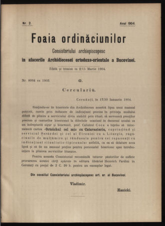 Verordnungsblatt des erzbischöfl. Konsistoriums die Angelegenheiten der orthod. -oriental. Erzdiözese der Bukowina betreffend 19040302 Seite: 1