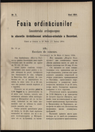 Verordnungsblatt des erzbischöfl. Konsistoriums die Angelegenheiten der orthod. -oriental. Erzdiözese der Bukowina betreffend 19040529 Seite: 1