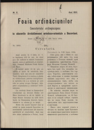 Verordnungsblatt des erzbischöfl. Konsistoriums die Angelegenheiten der orthod. -oriental. Erzdiözese der Bukowina betreffend 19040615 Seite: 1