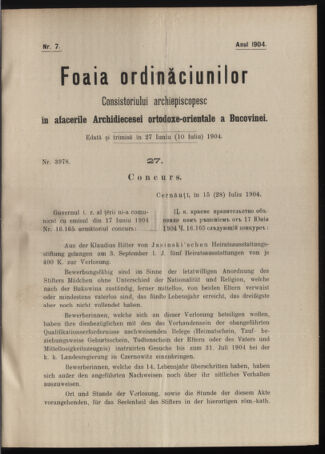 Verordnungsblatt des erzbischöfl. Konsistoriums die Angelegenheiten der orthod. -oriental. Erzdiözese der Bukowina betreffend 19040627 Seite: 1