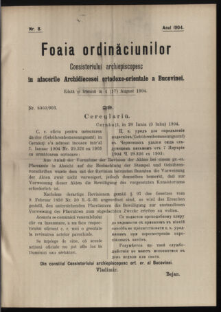 Verordnungsblatt des erzbischöfl. Konsistoriums die Angelegenheiten der orthod. -oriental. Erzdiözese der Bukowina betreffend 19040804 Seite: 1