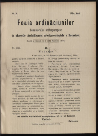 Verordnungsblatt des erzbischöfl. Konsistoriums die Angelegenheiten der orthod. -oriental. Erzdiözese der Bukowina betreffend 19041101 Seite: 1