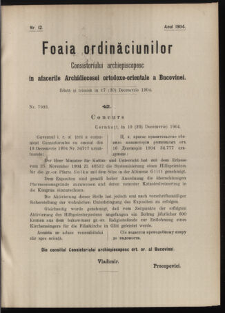 Verordnungsblatt des erzbischöfl. Konsistoriums die Angelegenheiten der orthod. -oriental. Erzdiözese der Bukowina betreffend 19041217 Seite: 1