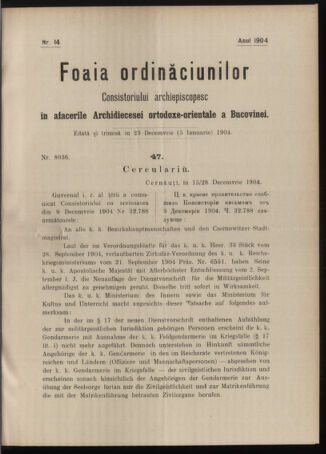 Verordnungsblatt des erzbischöfl. Konsistoriums die Angelegenheiten der orthod. -oriental. Erzdiözese der Bukowina betreffend 19041223 Seite: 1