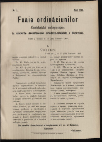 Verordnungsblatt des erzbischöfl. Konsistoriums die Angelegenheiten der orthod. -oriental. Erzdiözese der Bukowina betreffend 19050115 Seite: 1