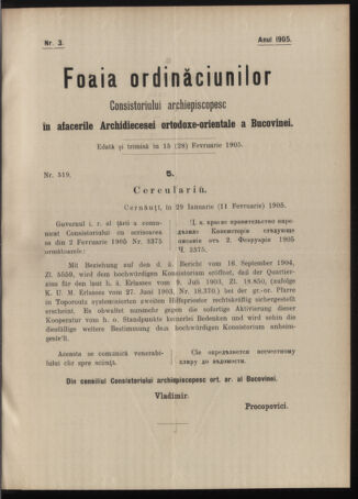 Verordnungsblatt des erzbischöfl. Konsistoriums die Angelegenheiten der orthod. -oriental. Erzdiözese der Bukowina betreffend 19050215 Seite: 1