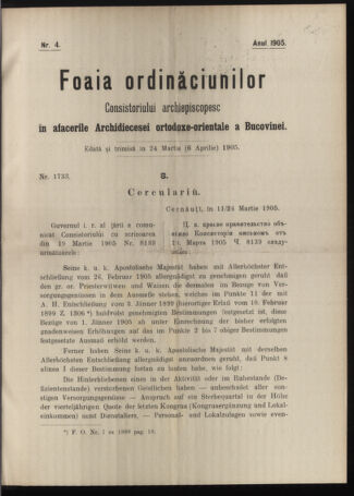 Verordnungsblatt des erzbischöfl. Konsistoriums die Angelegenheiten der orthod. -oriental. Erzdiözese der Bukowina betreffend 19050324 Seite: 1